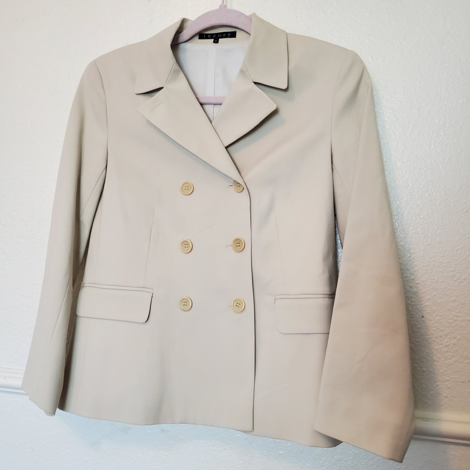 Theory Beige Double Breasted Cotton Blend Blazer Jacket Size 6 Style 80174101